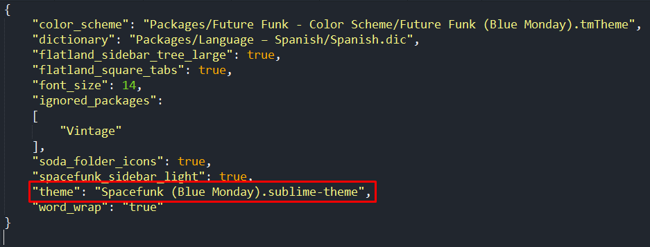 Activando Theme de sublime text en las preferencias de usuario Sublime Text